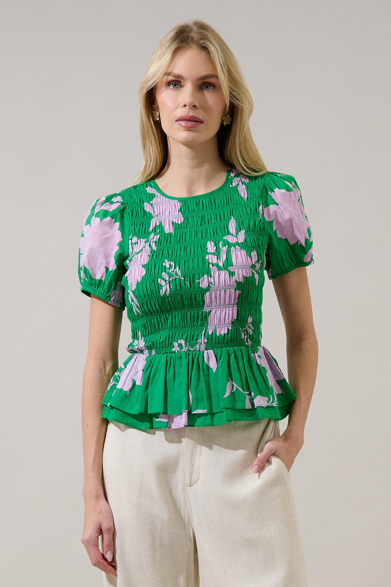 Sugarlips Zama Floral Katti Smocked Top in Kelly-Pink Multi – June