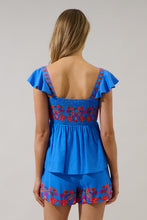 Load image into Gallery viewer, Sugarlips Isela Smocked Peplum Top in Blue-Red Multi