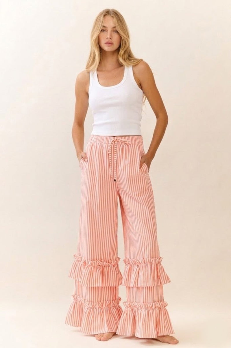 Oddi Striped Pants with Ruffle Hems in Coral Combo – June Adel