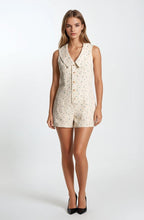 Load image into Gallery viewer, Doe & Rae Chambray Floral Button-front Sleeveless Romper in Cream