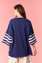 Load image into Gallery viewer, Peach Love Knit Top with Lace USA Patched Front and Stripes Top in Navy