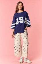 Load image into Gallery viewer, Peach Love Knit Top with Lace USA Patched Front and Stripes Top in Navy