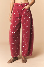 Load image into Gallery viewer, Peach Love Polka Dot Twill Denim Barrel Pants With Pockets in Brick Wash