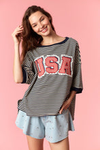 Load image into Gallery viewer, Peach Love Striped Knit and Gingham USA Patched Top in Navy/Cream
