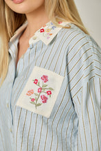 Load image into Gallery viewer, Mystree Embroidered Pinstripe Top in Soft Blue