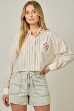 Load image into Gallery viewer, Mystree Embroidered Pinstripe Top in Ivory