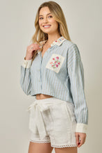 Load image into Gallery viewer, Mystree Embroidered Pinstripe Top in Soft Blue