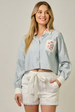 Load image into Gallery viewer, Mystree Embroidered Pinstripe Top in Soft Blue