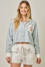 Load image into Gallery viewer, Mystree Embroidered Pinstripe Top in Soft Blue
