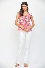 Load image into Gallery viewer, Fate Stripe Print Sailor Style Collar Tie Neckline Peplum Top in Red
