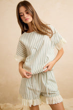 Load image into Gallery viewer, BiBi Stripes And Eyelet Lace Ruffled Top And Shorts Set in Eucalyptus