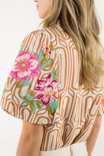 Load image into Gallery viewer, THML Geometric Print Top with Floral Embroidery Sleeves in Brown