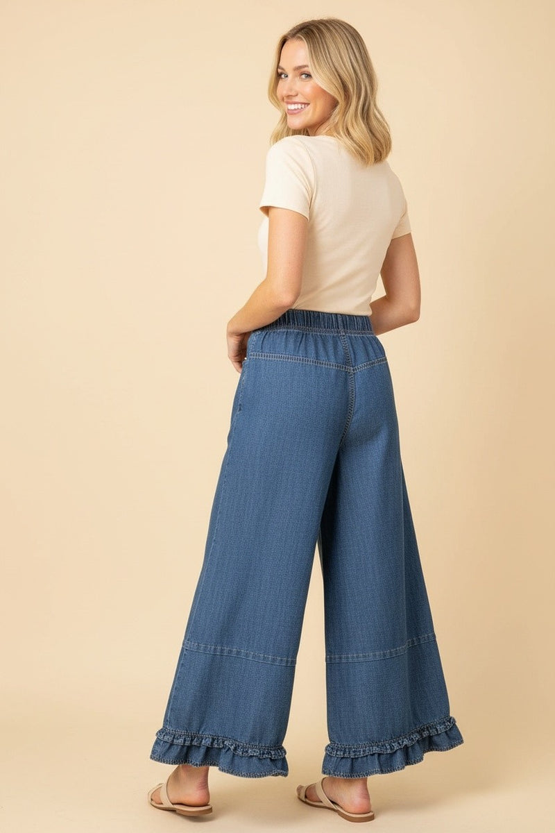 Heimish Ruffle Hem Wide Leg Cropped Denim Pants in Denim – June Adel