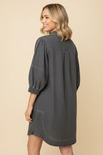 Load image into Gallery viewer, Heimish Zip Front Puff Sleeve Denim Mini Shift Dress in Dark Grey