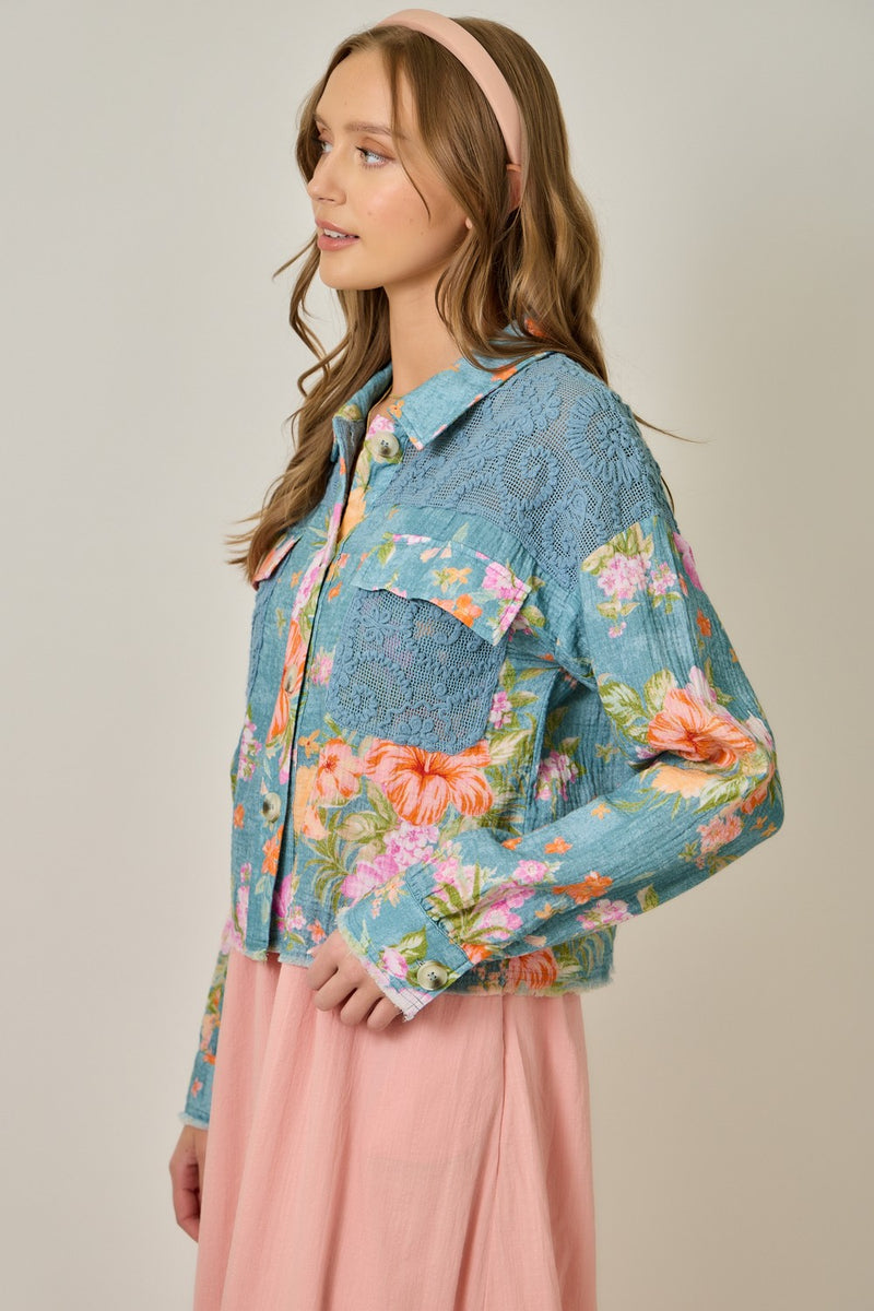 Mystree Floral Mixed Media Jacket in Denim Blue Mix – June Adel