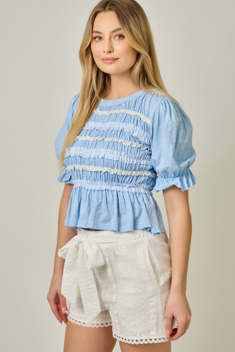 Mystree Lace Poplin Stripe Peplum Top in Blue – June Adel