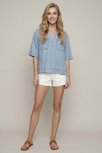 Load image into Gallery viewer, Doe & Rae Denim Collared Split V-neck Top in Denim