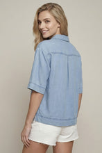 Load image into Gallery viewer, Doe & Rae Denim Collared Split V-neck Top in Denim