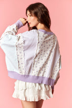 Load image into Gallery viewer, Peach Love Floral French Terry & Pinstripe Denim Batwing Top in Light Purple