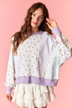Load image into Gallery viewer, Peach Love Floral French Terry & Pinstripe Denim Batwing Top in Light Purple