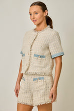 Load image into Gallery viewer, Mystree Short Sleeve Fringe Tweed Jacket in Ivory