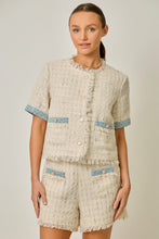 Load image into Gallery viewer, Mystree Short Sleeve Fringe Tweed Jacket in Ivory