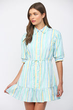 Load image into Gallery viewer, FATE Vertical Striped Print Mini Dress in White Blue Yellow