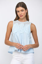 Load image into Gallery viewer, FATE Contrasting Mesh Yoke Detail Lace Trim Top in Baby Blue