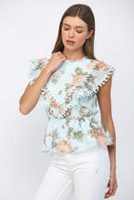 Load image into Gallery viewer, FATE Floral Peplum Top With Edge Wave Tape in Icy Blue Multi