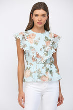 Load image into Gallery viewer, FATE Floral Peplum Top With Edge Wave Tape in Icy Blue Multi