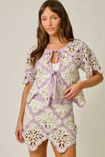 Load image into Gallery viewer, Mystree Crochet Scallop Hem Cardigan in Soft Orchid (TOP ONLY)