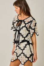 Load image into Gallery viewer, Mystree Crochet Scallop Hem Cardigan in Black (TOP ONLY)