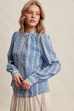 Load image into Gallery viewer, Listicle Embroidered Lace Trim Button-up Blouse in Denim Blue