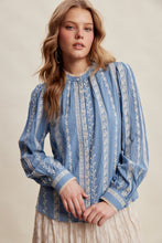 Load image into Gallery viewer, Listicle Embroidered Lace Trim Button-up Blouse in Denim Blue