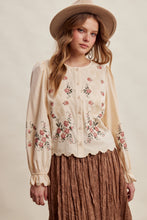 Load image into Gallery viewer, Listicle Embroidered Scallop Hem Cotton Blouse in Ecru