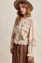 Load image into Gallery viewer, Listicle Embroidered Scallop Hem Cotton Blouse in Ecru