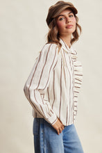 Load image into Gallery viewer, Listicle Embroidered Stripe Ruffle Front Cotton Blouse in Brown