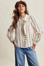 Load image into Gallery viewer, Listicle Embroidered Stripe Ruffle Front Cotton Blouse in Brown