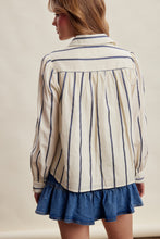 Load image into Gallery viewer, Listicle Embroidered Stripe Ruffle Front Cotton Blouse in Navy