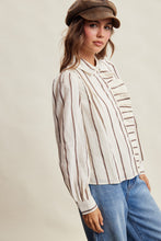 Load image into Gallery viewer, Listicle Embroidered Stripe Ruffle Front Cotton Blouse in Brown