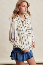 Load image into Gallery viewer, Listicle Embroidered Stripe Ruffle Front Cotton Blouse in Navy