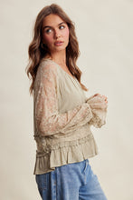 Load image into Gallery viewer, Listicle Floral Lace Sleeve Tiered Lined Boho Top in Olive