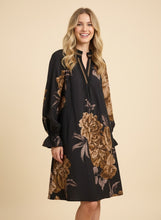 Load image into Gallery viewer, Heimish Floral Long Sleeve Split Neck Shift Mini Dress in Black/Taupe