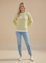 Load image into Gallery viewer, Tres Bien Stripe Cloudy Knit Top with JESUS Graphic Print Front in Mellow Yellow