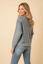 Load image into Gallery viewer, Heimish Eyelet Bow Applique Raw Edge Sweatshirt in Light Denim