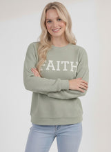 Load image into Gallery viewer, Tres Bien Solid Color Cloudy Knit Top with FAITH Graphic Print Front in Desert Sage