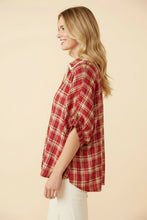 Load image into Gallery viewer, Heimish Plaid Split V-Neck Puff Sleeve Blouse in Red