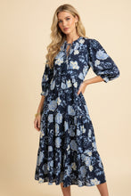 Load image into Gallery viewer, Heimish Floral Print Tiered Maxi Dress With Tassel Ties in Navy