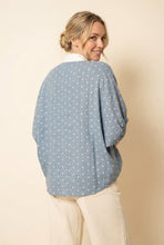 Load image into Gallery viewer, Heimish Polka Dot Puff Sleeve V-neck Blouse With Contrast Trim in Light Blue