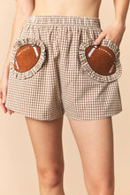Load image into Gallery viewer, Peach Love Gingham Ruffled Football Patched Pocket Shorts in Brown